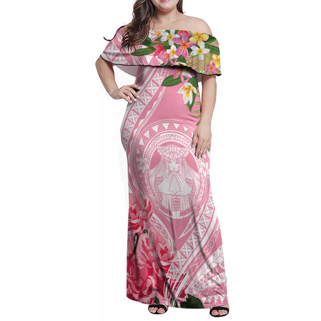 Aloha Hawaii Maui Family Matching Off Shoulder Maxi Dress and Hawaiian Shirt Goddess Lokelani Rose