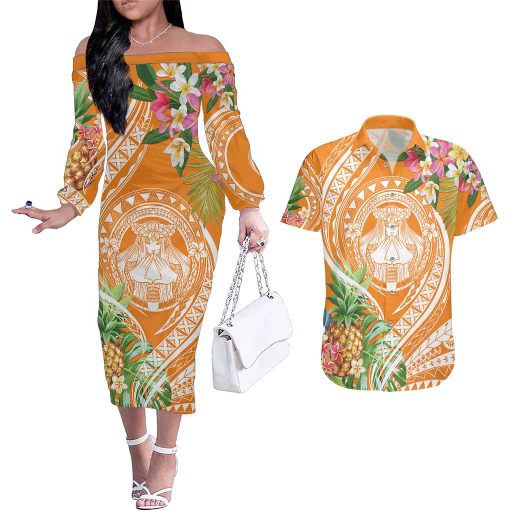 Aloha Hawaii Lanai Couples Matching Off The Shoulder Long Sleeve Dress and Hawaiian Shirt Frangipani Mix Pineapple