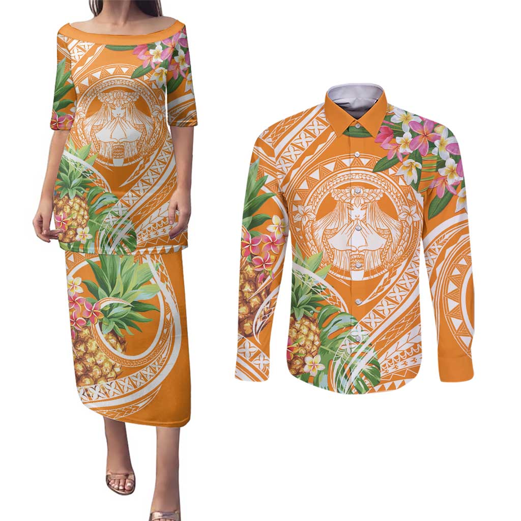 Aloha Hawaii Lanai Couples Matching Puletasi and Long Sleeve Button Shirt Frangipani Mix Pineapple