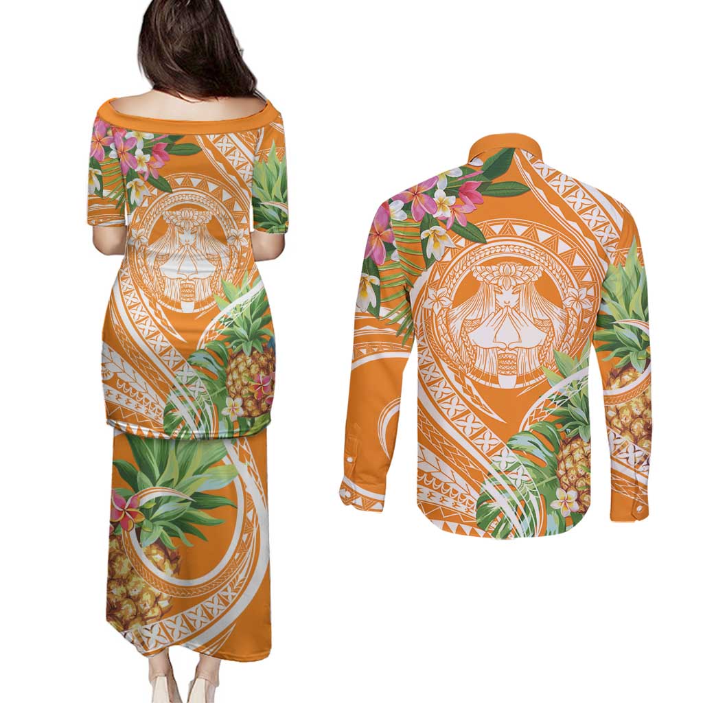 Aloha Hawaii Lanai Couples Matching Puletasi and Long Sleeve Button Shirt Frangipani Mix Pineapple