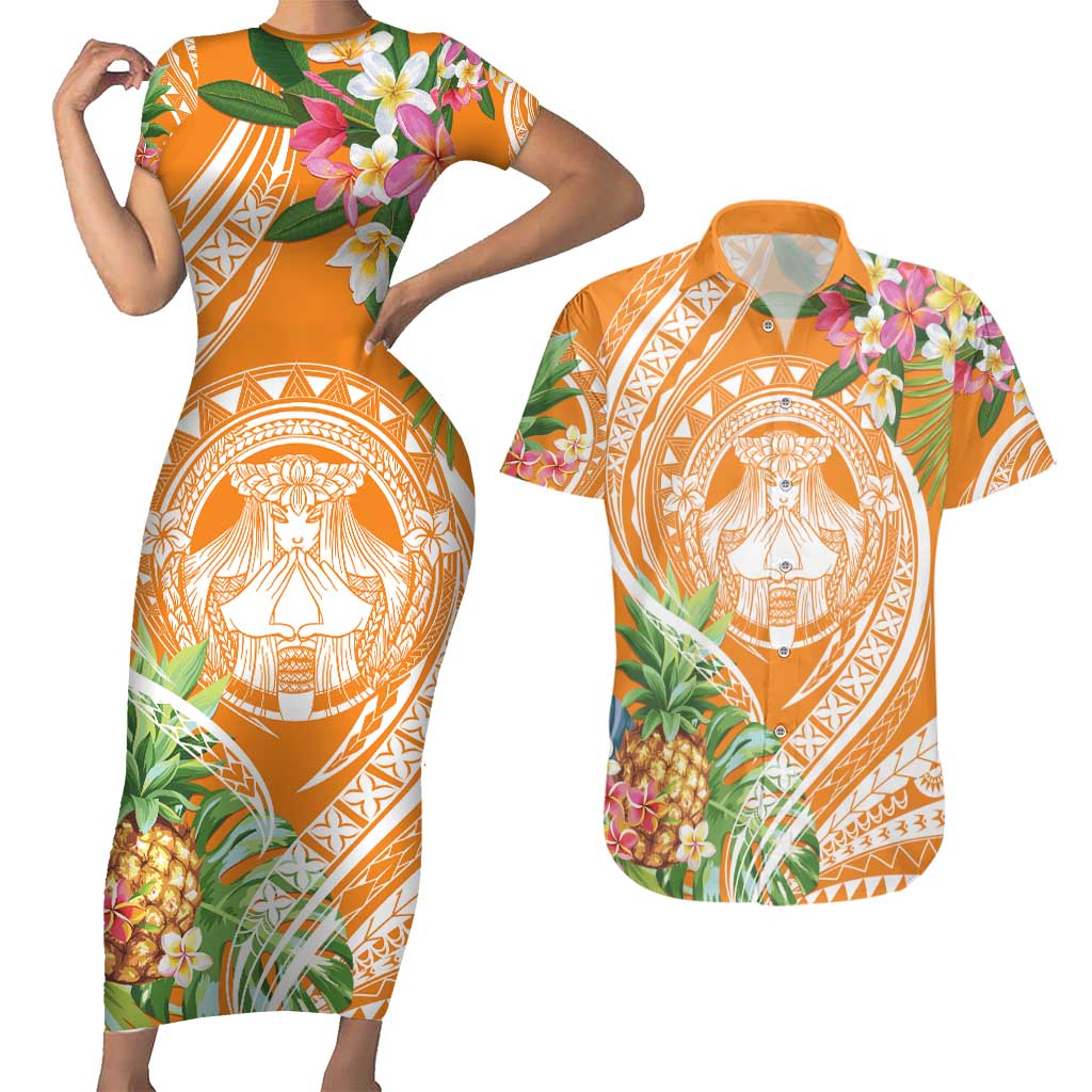 Aloha Hawaii Lanai Couples Matching Short Sleeve Bodycon Dress and Hawaiian Shirt Frangipani Mix Pineapple
