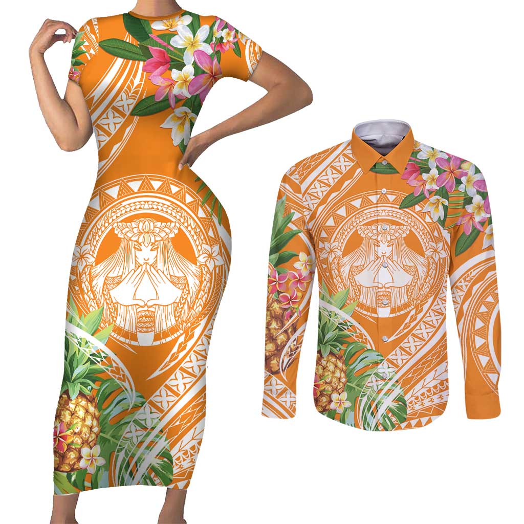 Aloha Hawaii Lanai Couples Matching Short Sleeve Bodycon Dress and Long Sleeve Button Shirt Frangipani Mix Pineapple