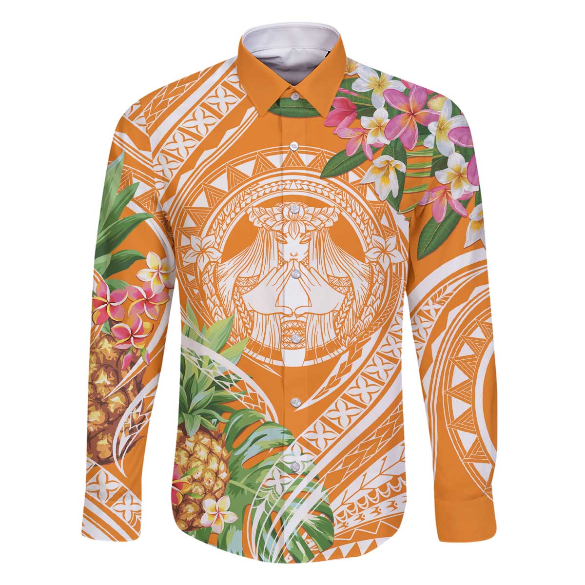 Aloha Hawaii Lanai Family Matching Off The Shoulder Long Sleeve Dress and Hawaiian Shirt Frangipani Mix Pineapple