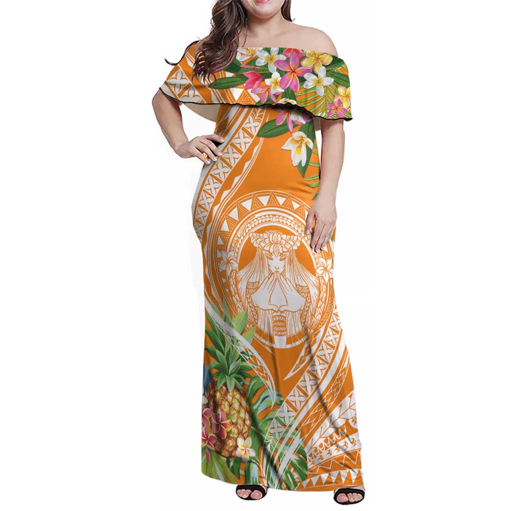 Aloha Hawaii Lanai Family Matching Off Shoulder Maxi Dress and Hawaiian Shirt Frangipani Mix Pineapple