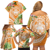 Aloha Hawaii Lanai Family Matching Off Shoulder Short Dress and Hawaiian Shirt Frangipani Mix Pineapple