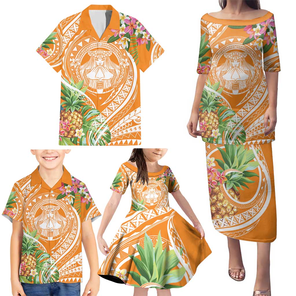 Aloha Hawaii Lanai Family Matching Puletasi and Hawaiian Shirt Frangipani Mix Pineapple