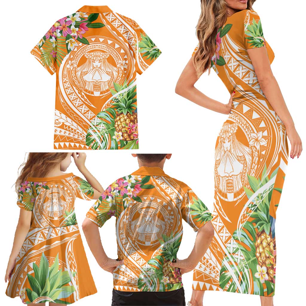 Aloha Hawaii Lanai Family Matching Short Sleeve Bodycon Dress and Hawaiian Shirt Frangipani Mix Pineapple