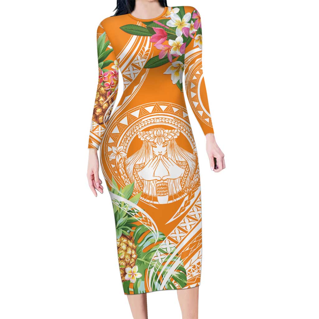 Aloha Hawaii Lanai Long Sleeve Bodycon Dress Frangipani Mix Pineapple