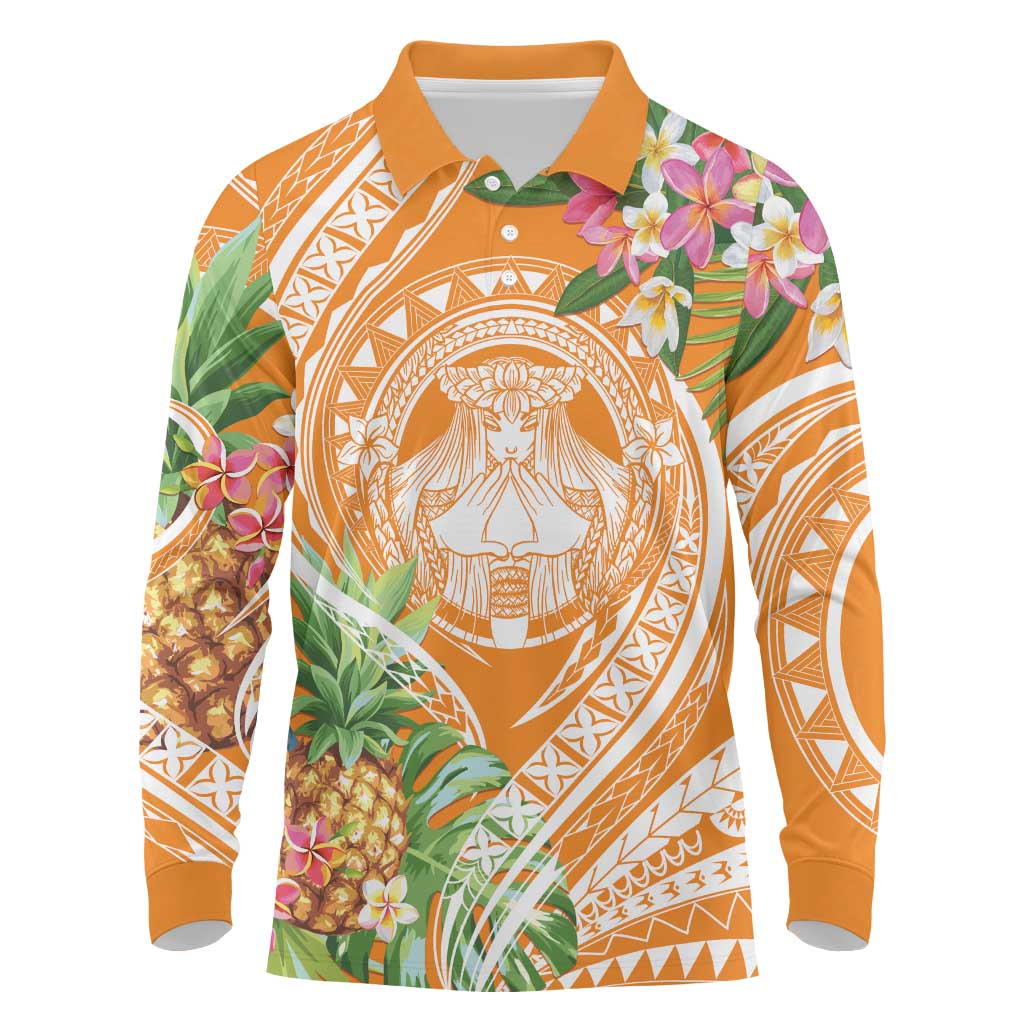 Aloha Hawaii Lanai Long Sleeve Polo Shirt Frangipani Mix Pineapple