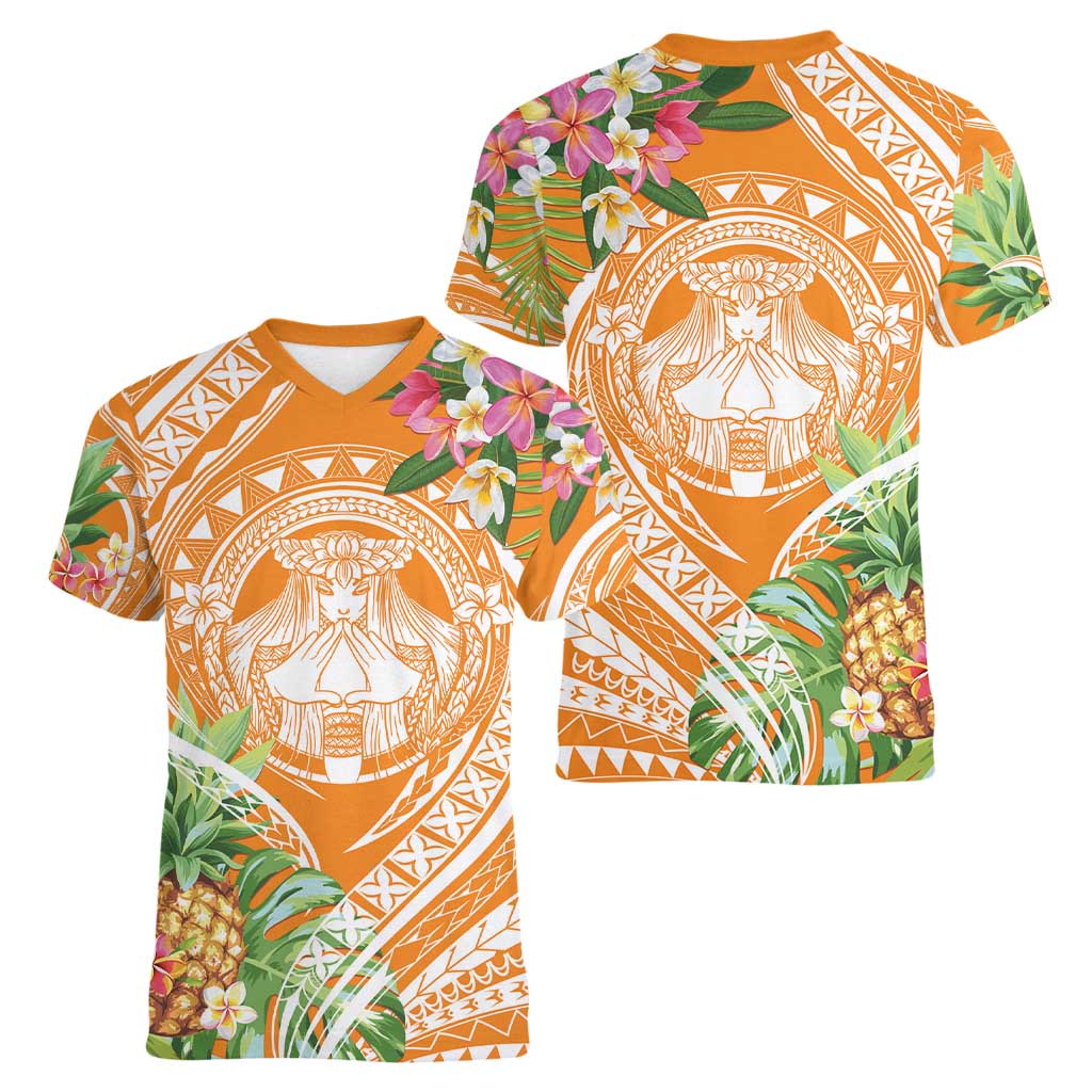 Aloha Hawaii Lanai Women V-Neck T-Shirt Frangipani Mix Pineapple