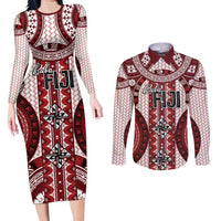 Bula Fiji Vintage Couples Matching Long Sleeve Bodycon Dress and Long Sleeve Button Shirt Scarlet Masi Motifs