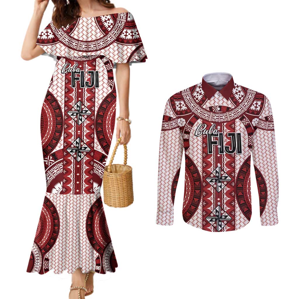 Bula Fiji Vintage Couples Matching Mermaid Dress and Long Sleeve Button Shirt Scarlet Masi Motifs