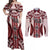 Bula Fiji Vintage Couples Matching Off Shoulder Maxi Dress and Long Sleeve Button Shirt Scarlet Masi Motifs