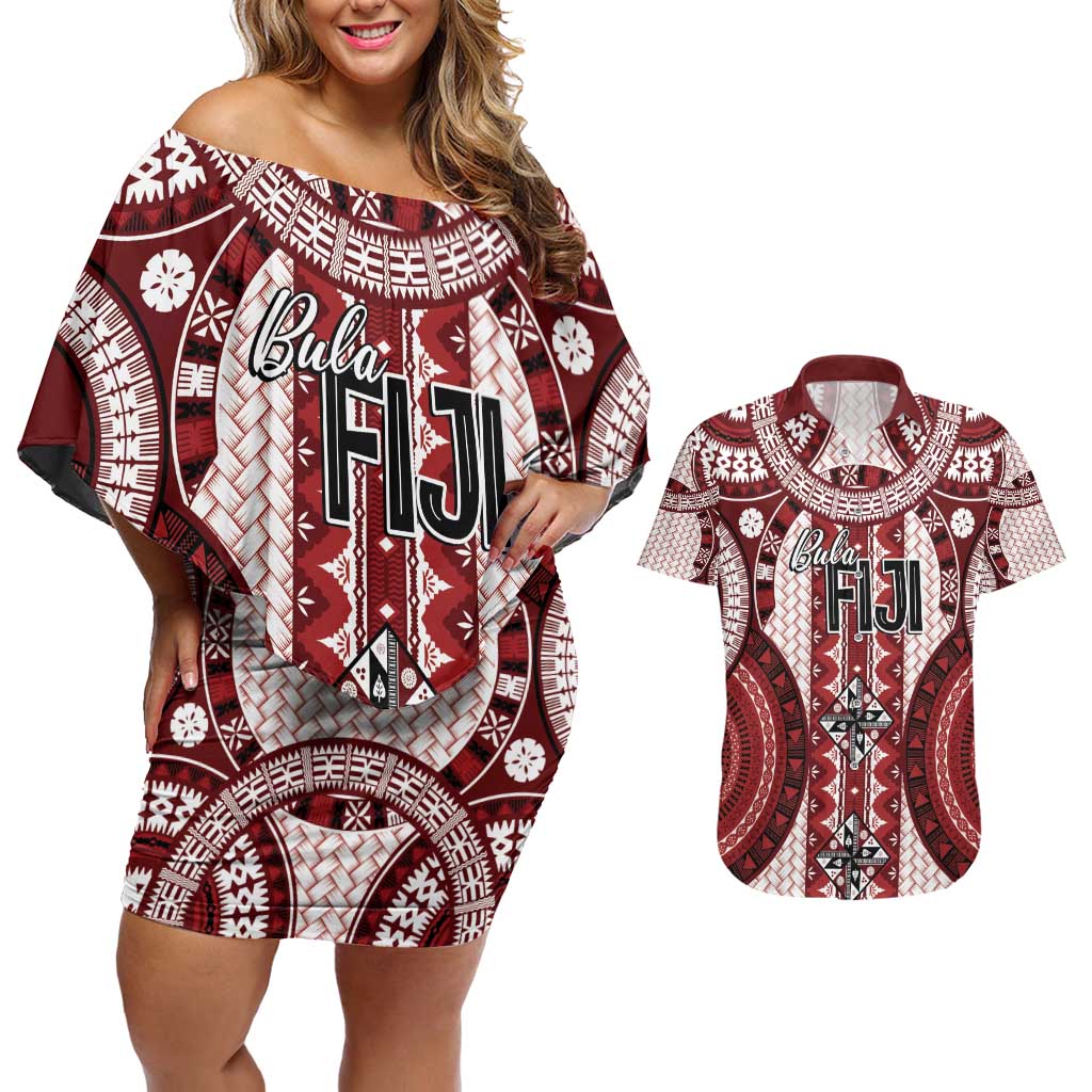 Bula Fiji Vintage Couples Matching Off Shoulder Short Dress and Hawaiian Shirt Scarlet Masi Motifs