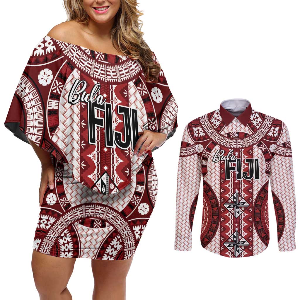 Bula Fiji Vintage Couples Matching Off Shoulder Short Dress and Long Sleeve Button Shirt Scarlet Masi Motifs