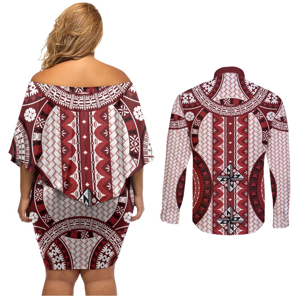 Bula Fiji Vintage Couples Matching Off Shoulder Short Dress and Long Sleeve Button Shirt Scarlet Masi Motifs