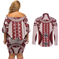 Bula Fiji Vintage Couples Matching Off Shoulder Short Dress and Long Sleeve Button Shirt Scarlet Masi Motifs