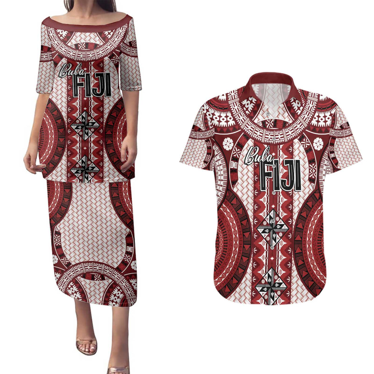 Bula Fiji Vintage Couples Matching Puletasi and Hawaiian Shirt Scarlet Masi Motifs