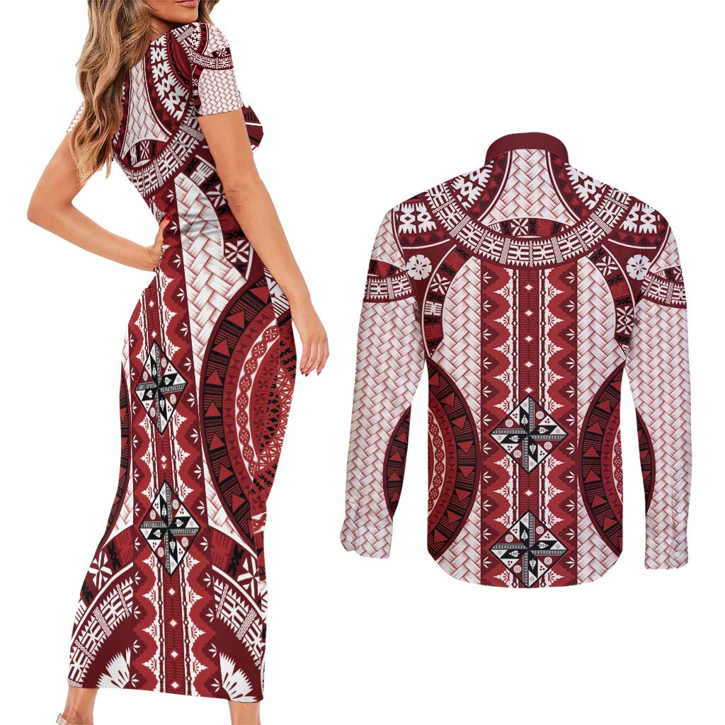 Bula Fiji Vintage Couples Matching Short Sleeve Bodycon Dress and Long Sleeve Button Shirt Scarlet Masi Motifs
