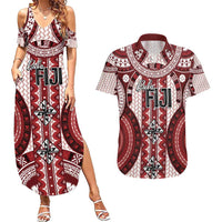 Bula Fiji Vintage Couples Matching Summer Maxi Dress and Hawaiian Shirt Scarlet Masi Motifs