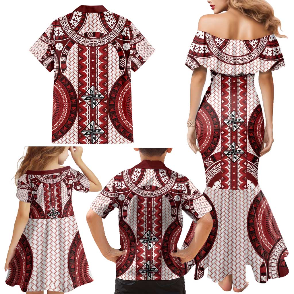 Bula Fiji Vintage Family Matching Mermaid Dress and Hawaiian Shirt Scarlet Masi Motifs