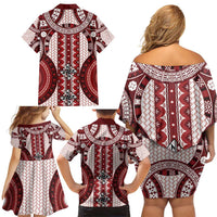 Bula Fiji Vintage Family Matching Off Shoulder Short Dress and Hawaiian Shirt Scarlet Masi Motifs