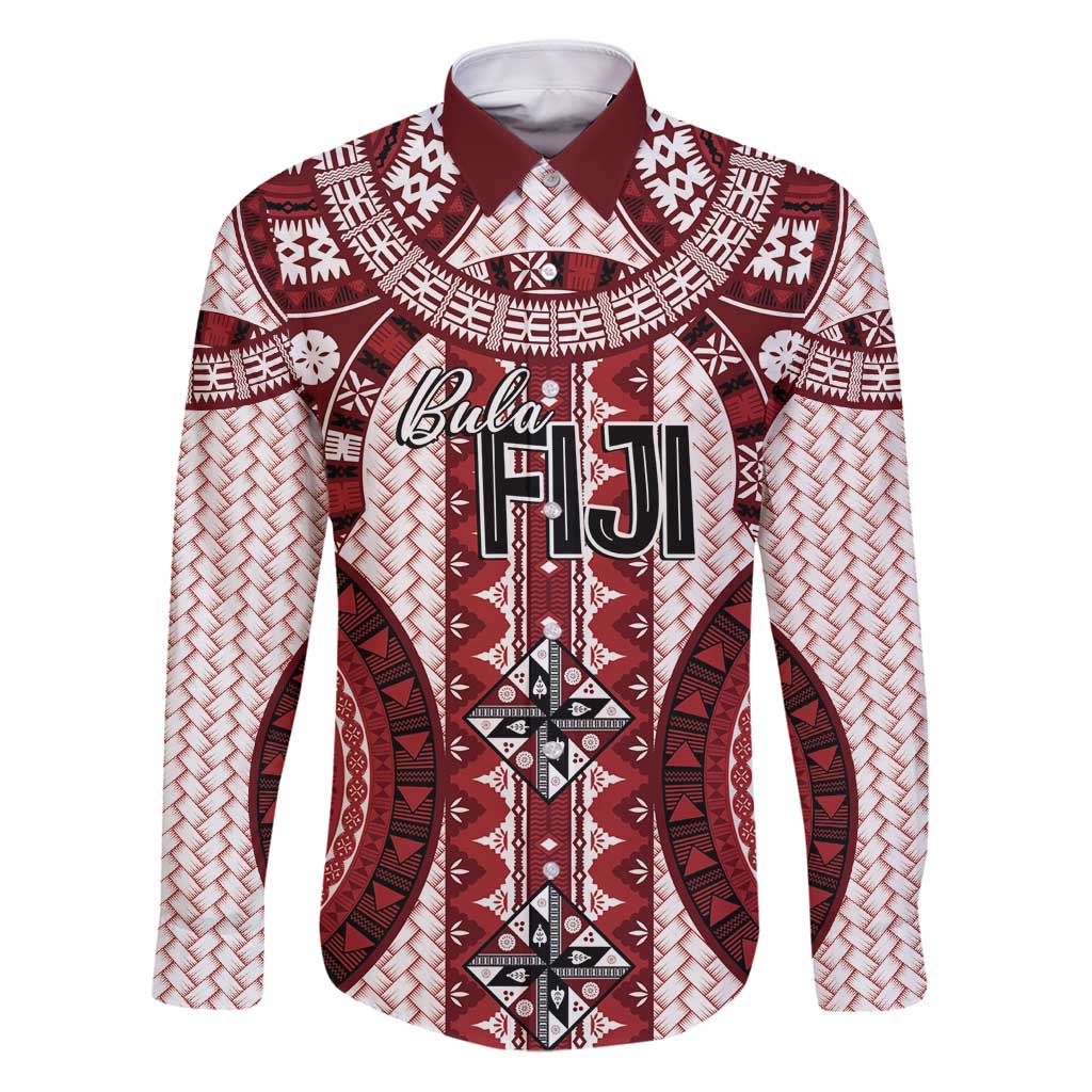 Bula Fiji Vintage Family Matching Puletasi and Hawaiian Shirt Scarlet Masi Motifs LT7 Dad's Shirt - Long Sleeve Scarlet - Polynesian Pride