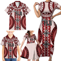 Bula Fiji Vintage Family Matching Short Sleeve Bodycon Dress and Hawaiian Shirt Scarlet Masi Motifs