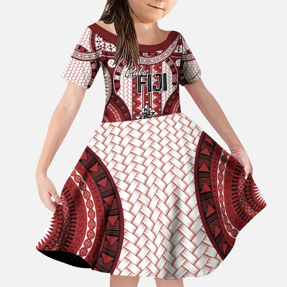 Bula Fiji Vintage Kid Short Sleeve Dress Scarlet Masi Motifs