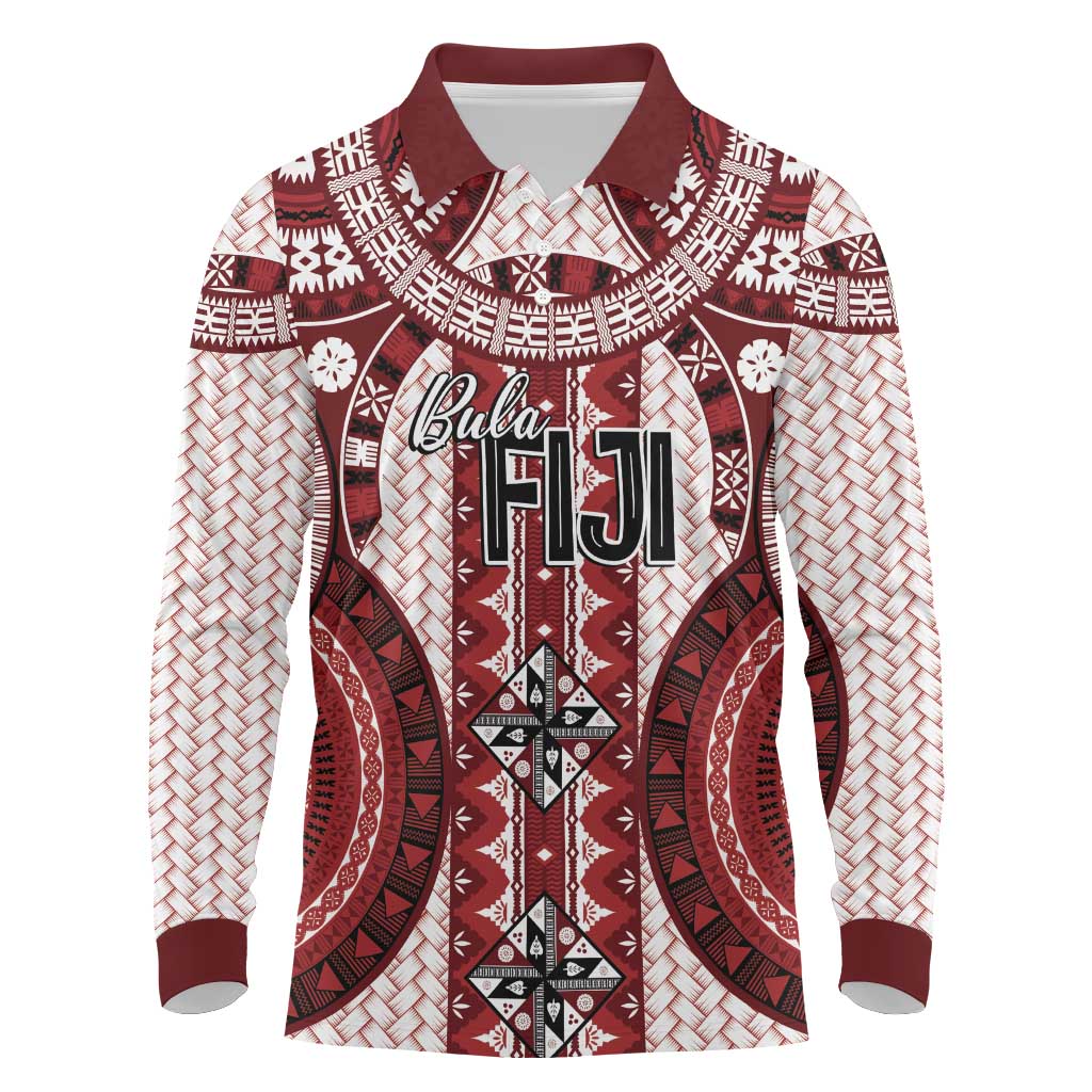 Bula Fiji Vintage Long Sleeve Polo Shirt Scarlet Masi Motifs LT7 Scarlet - Polynesian Pride