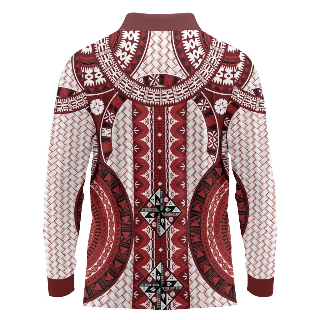 Bula Fiji Vintage Long Sleeve Polo Shirt Scarlet Masi Motifs LT7 - Polynesian Pride