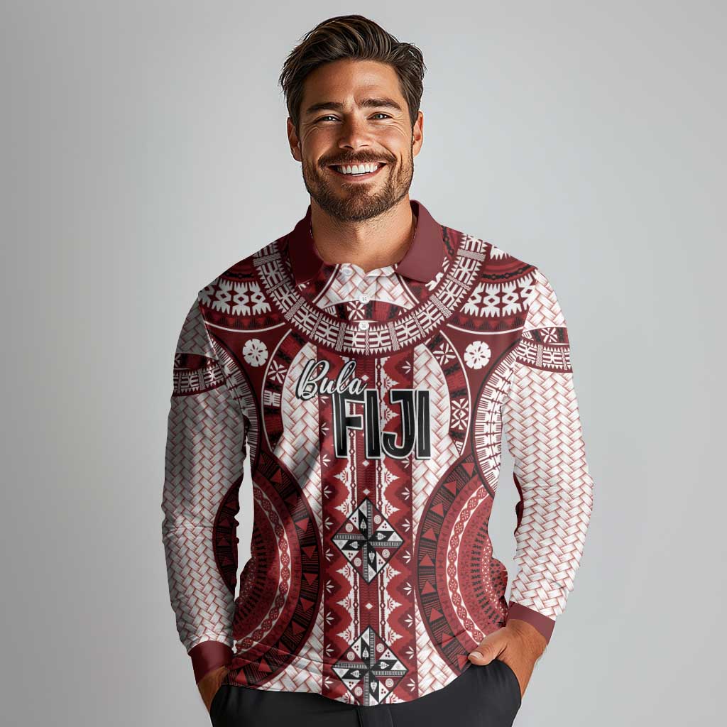 Bula Fiji Vintage Long Sleeve Polo Shirt Scarlet Masi Motifs LT7 - Polynesian Pride