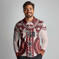 Bula Fiji Vintage Long Sleeve Polo Shirt Scarlet Masi Motifs LT7 - Polynesian Pride