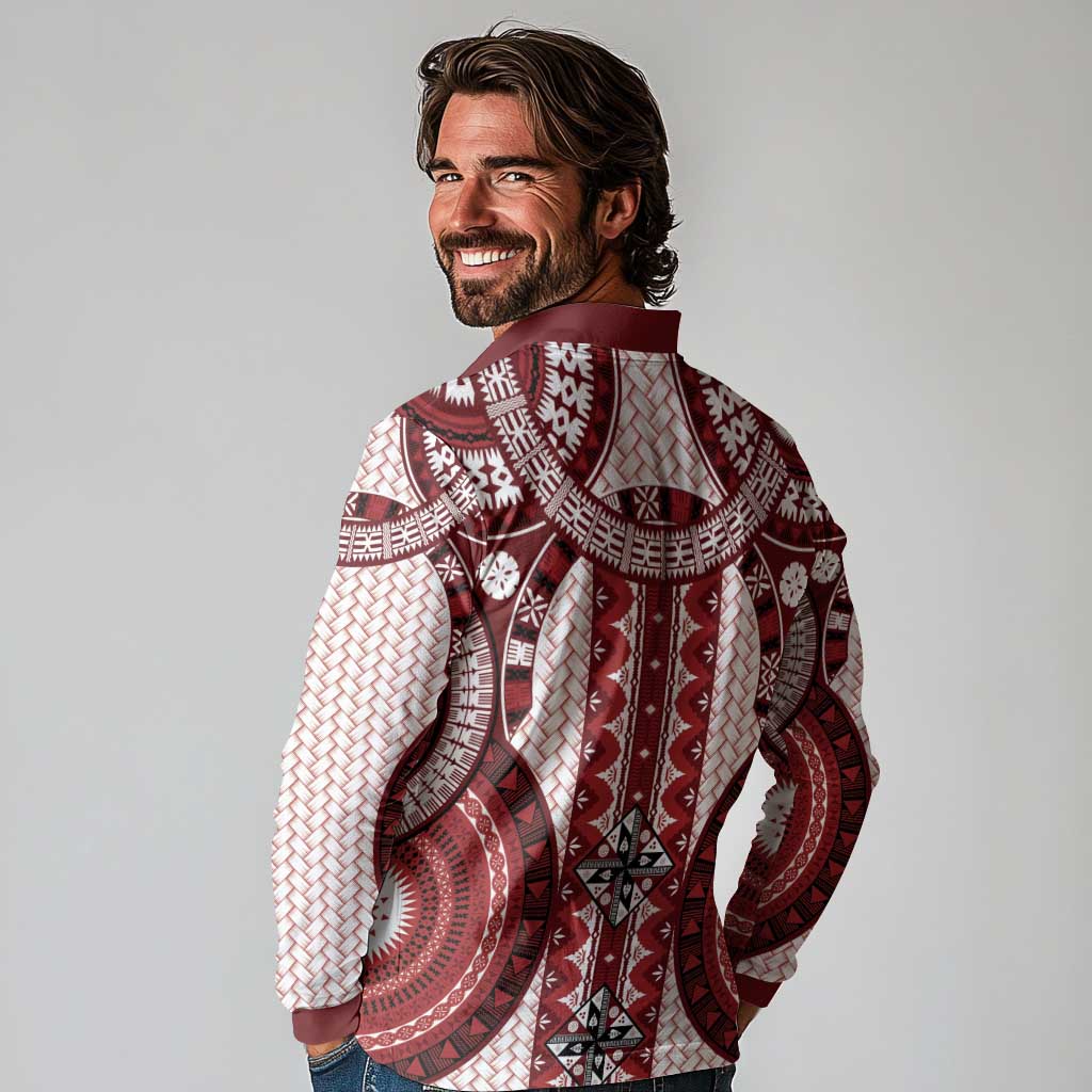 Bula Fiji Vintage Long Sleeve Polo Shirt Scarlet Masi Motifs LT7 - Polynesian Pride