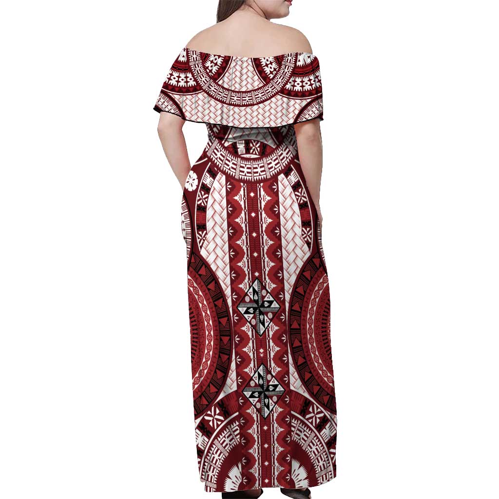 Bula Fiji Vintage Off Shoulder Maxi Dress Scarlet Masi Motifs