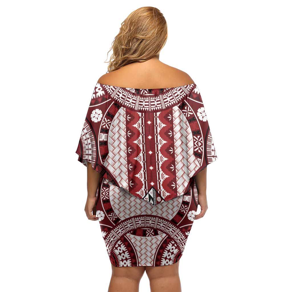 Bula Fiji Vintage Off Shoulder Short Dress Scarlet Masi Motifs
