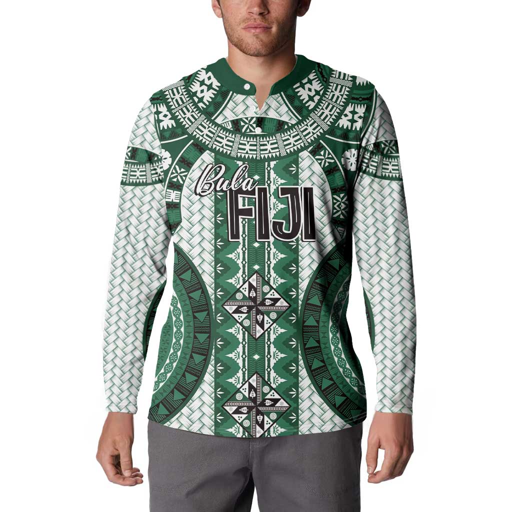 Bula Fiji Vintage Button Sweatshirt Phthalo Green Masi Motifs