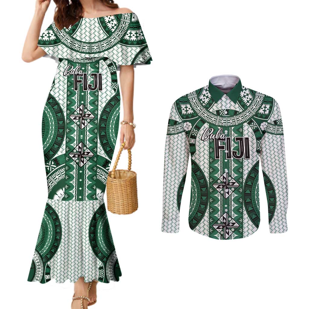 Bula Fiji Vintage Couples Matching Mermaid Dress and Long Sleeve Button Shirt Phthalo Green Masi Motifs