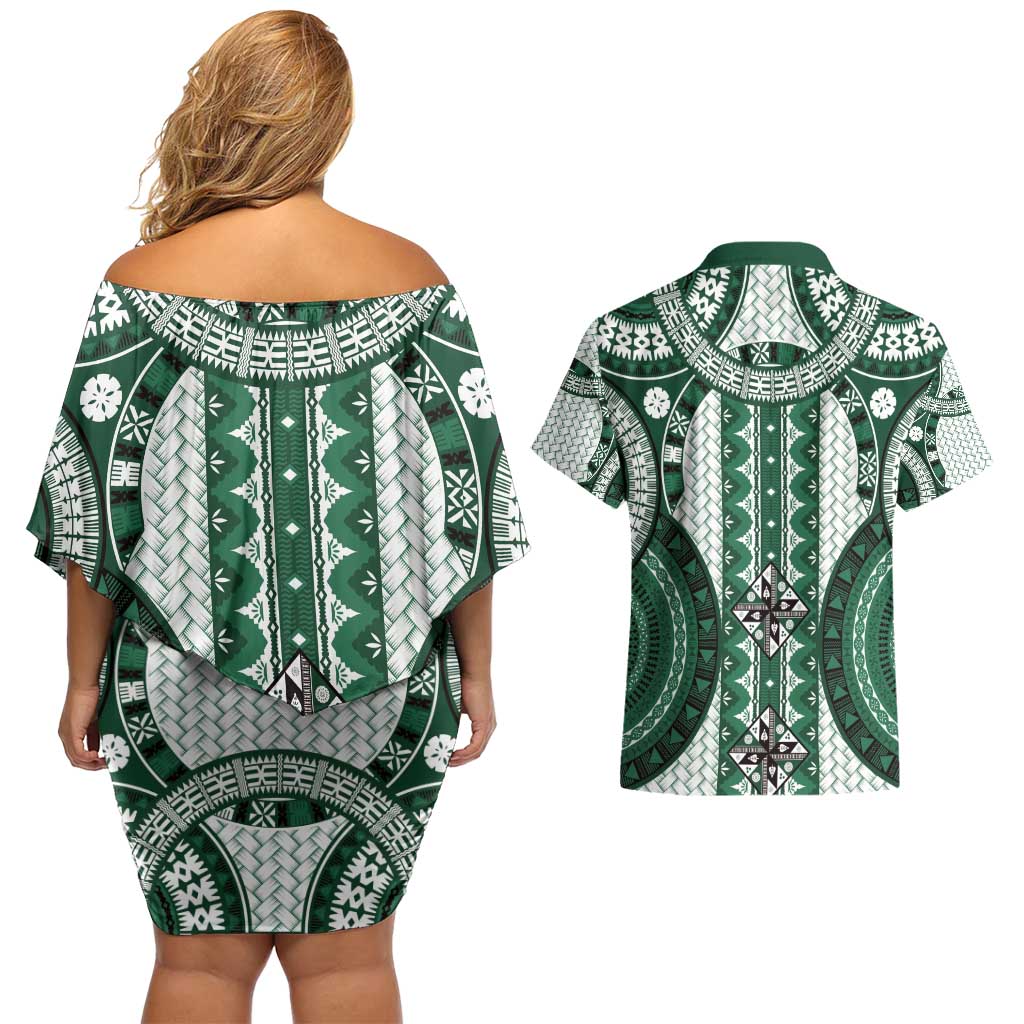 Bula Fiji Vintage Couples Matching Off Shoulder Short Dress and Hawaiian Shirt Phthalo Green Masi Motifs
