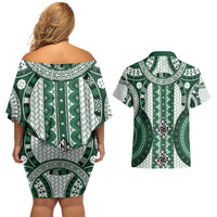 Bula Fiji Vintage Couples Matching Off Shoulder Short Dress and Hawaiian Shirt Phthalo Green Masi Motifs