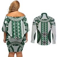 Bula Fiji Vintage Couples Matching Off Shoulder Short Dress and Long Sleeve Button Shirt Phthalo Green Masi Motifs