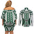 Bula Fiji Vintage Couples Matching Off Shoulder Short Dress and Long Sleeve Button Shirt Phthalo Green Masi Motifs