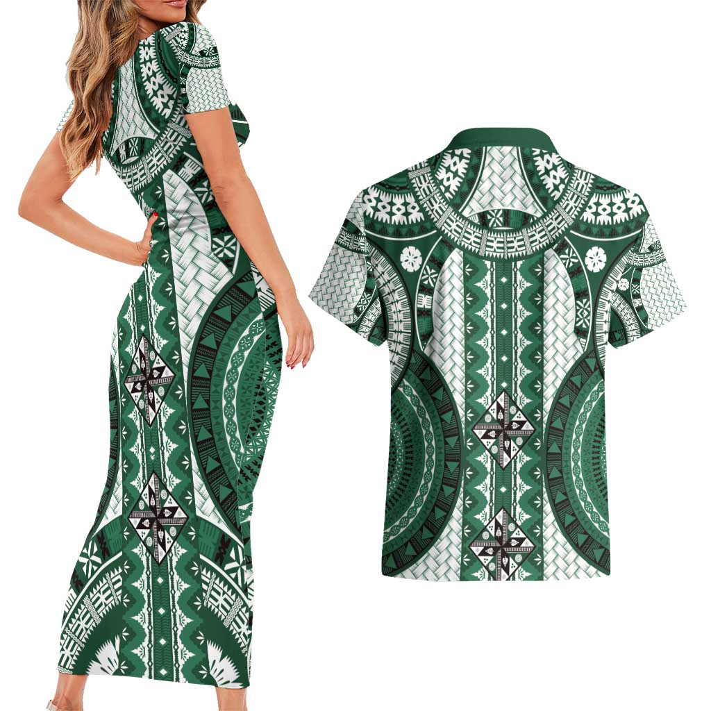 Bula Fiji Vintage Couples Matching Short Sleeve Bodycon Dress and Hawaiian Shirt Phthalo Green Masi Motifs