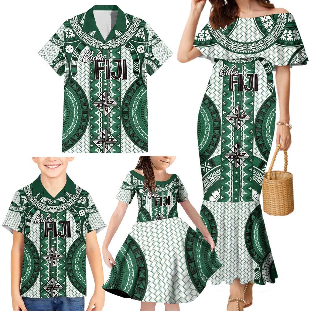 Bula Fiji Vintage Family Matching Mermaid Dress and Hawaiian Shirt Phthalo Green Masi Motifs