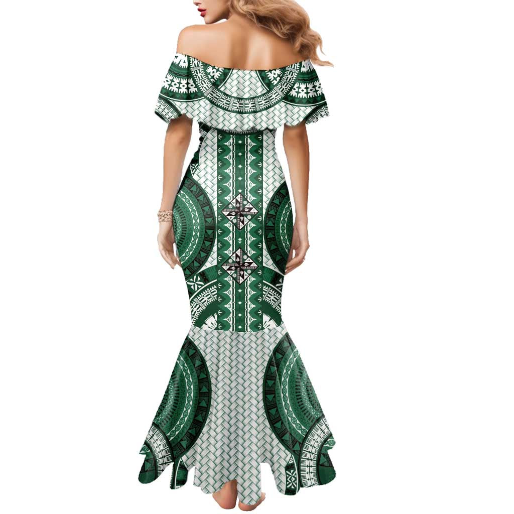 Bula Fiji Vintage Family Matching Mermaid Dress and Hawaiian Shirt Phthalo Green Masi Motifs