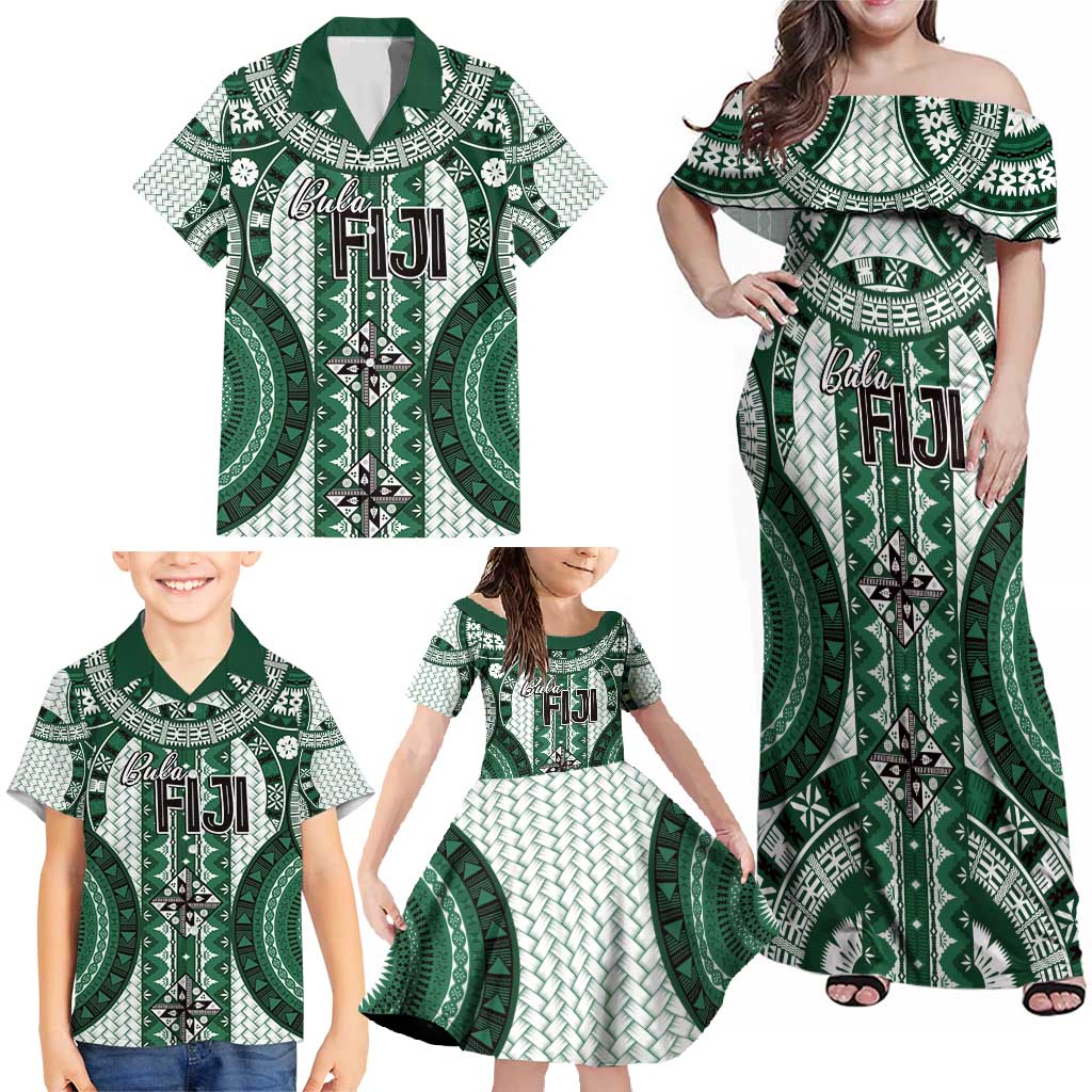 Bula Fiji Vintage Family Matching Off Shoulder Maxi Dress and Hawaiian Shirt Phthalo Green Masi Motifs