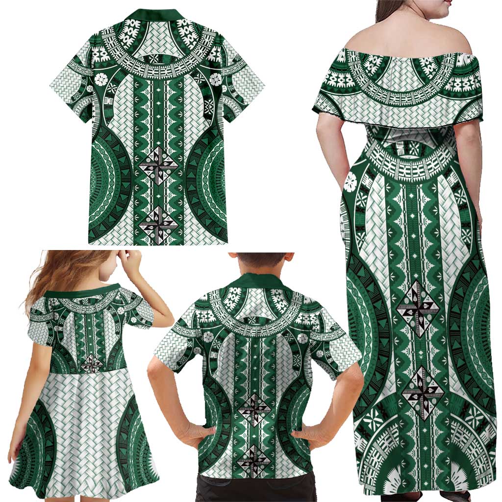Bula Fiji Vintage Family Matching Off Shoulder Maxi Dress and Hawaiian Shirt Phthalo Green Masi Motifs