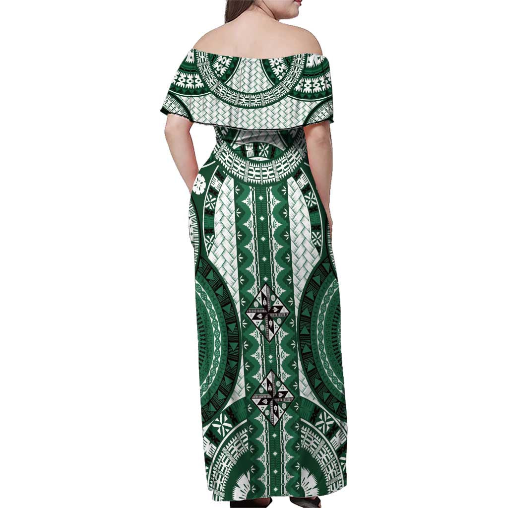 Bula Fiji Vintage Family Matching Off Shoulder Maxi Dress and Hawaiian Shirt Phthalo Green Masi Motifs
