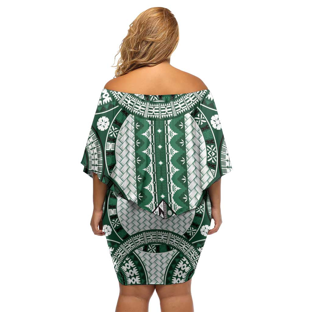 Bula Fiji Vintage Family Matching Off Shoulder Short Dress and Hawaiian Shirt Phthalo Green Masi Motifs