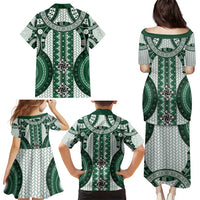 Bula Fiji Vintage Family Matching Puletasi and Hawaiian Shirt Phthalo Green Masi Motifs